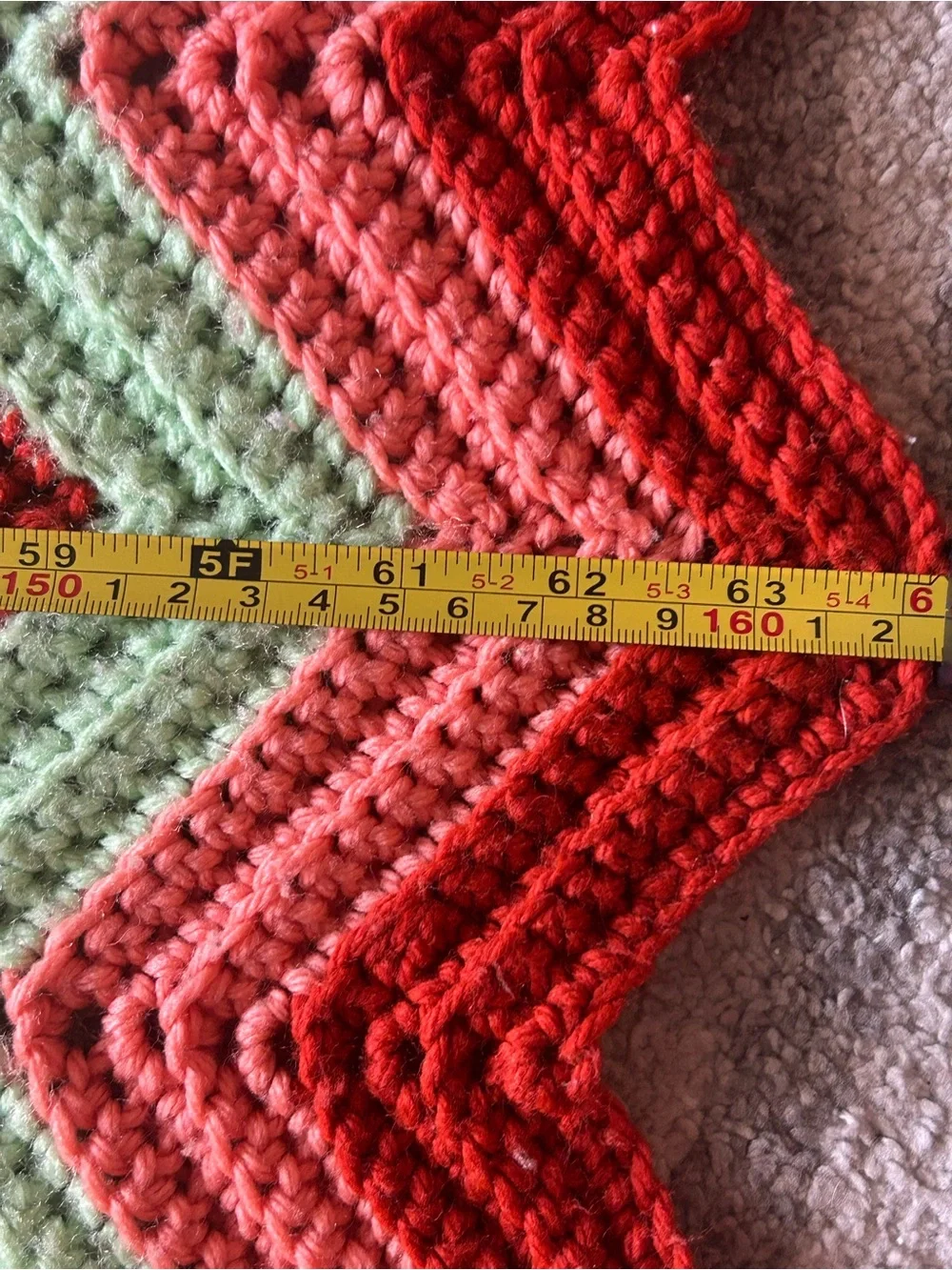 Vintage Handmade Chevron Knit afghan Throw Blanket - Green & Coral